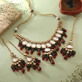 Maroon & green color back side meena work kundan necklace set 1