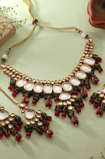 Maroon & green color back side meena work kundan necklace set