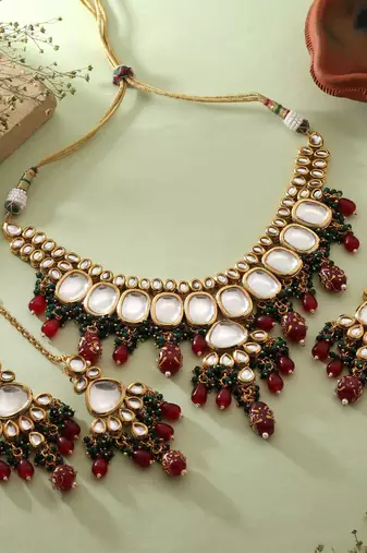 Maroon & green color back side meena work kundan necklace set