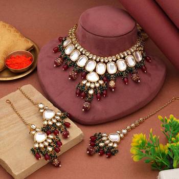 Maroon & green color back side meena work kundan necklace set 2