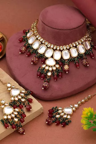 Maroon & green color back side meena work kundan necklace set
