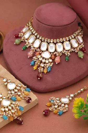 Multi color back side meena work kundan necklace set