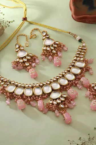 Pink color back side meena work kundan necklace set