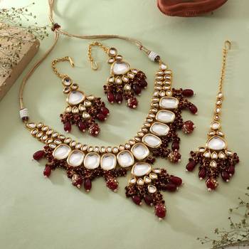 Maroon color back side meena work kundan necklace set 1