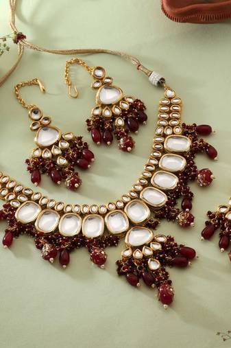 Maroon color back side meena work kundan necklace set