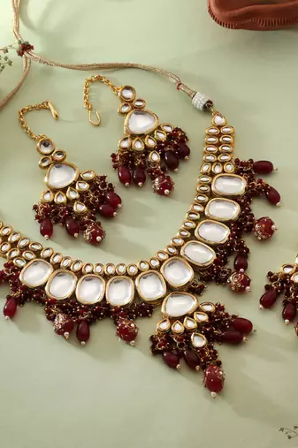 Maroon color back side meena work kundan necklace set