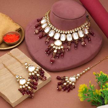 Maroon color back side meena work kundan necklace set 2