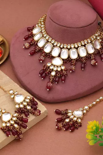Maroon color back side meena work kundan necklace set