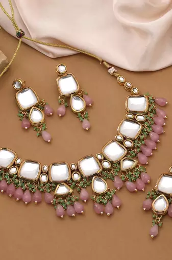 Pink color back side meena work kundan necklace set