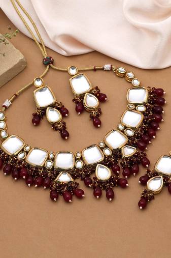 Maroon color back side meena work kundan necklace set