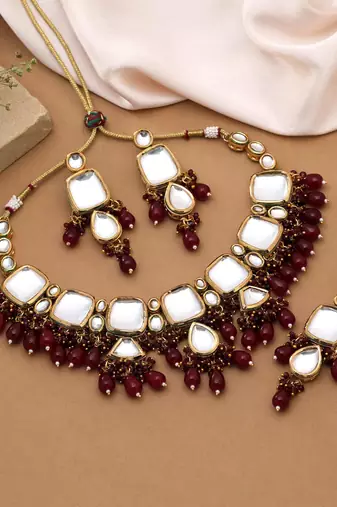 Maroon color back side meena work kundan necklace set