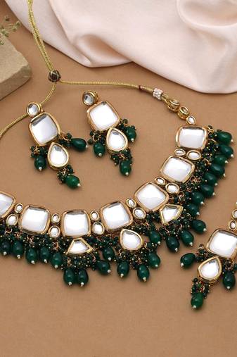 Green color back side meena work kundan necklace set