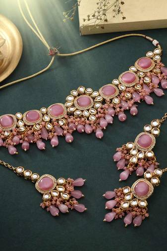 Pink color choker back side meena work kundan necklace set