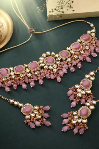 Pink color choker back side meena work kundan necklace set