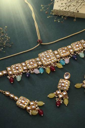Multi color choker back side meena work kundan necklace set