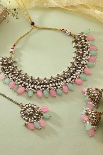 Pista green & pink color kundan necklace set