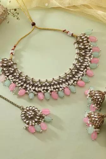 Pista green & pink color kundan necklace set