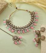 Pista green & pink color kundan necklace set