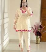 Floral embroidered white v-neck pure cotton kurta with trouser