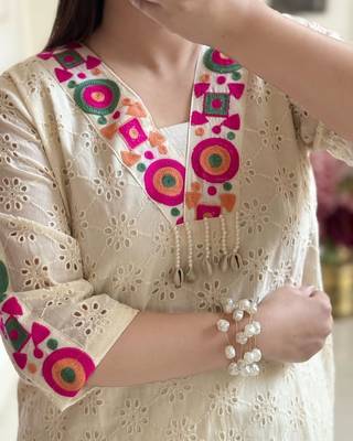 Floral embroidered white v-neck  cotton kurta with trouser 3