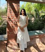 Floral embroidered white round neck pure cotton kurta with trouser