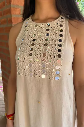 Floral embroidered white round neck  cotton kurta with trouser
