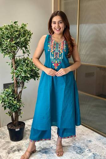 Floral embroidered blue round neck pure cotton kurta with trouser