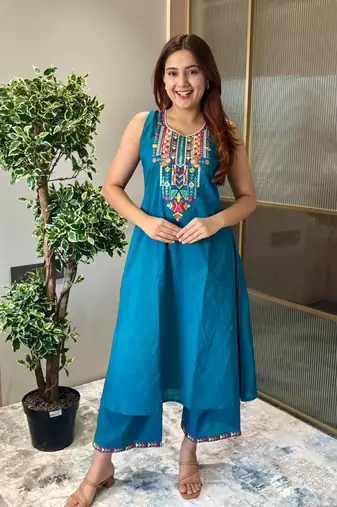 Floral embroidered blue round neck pure cotton kurta with trouser
