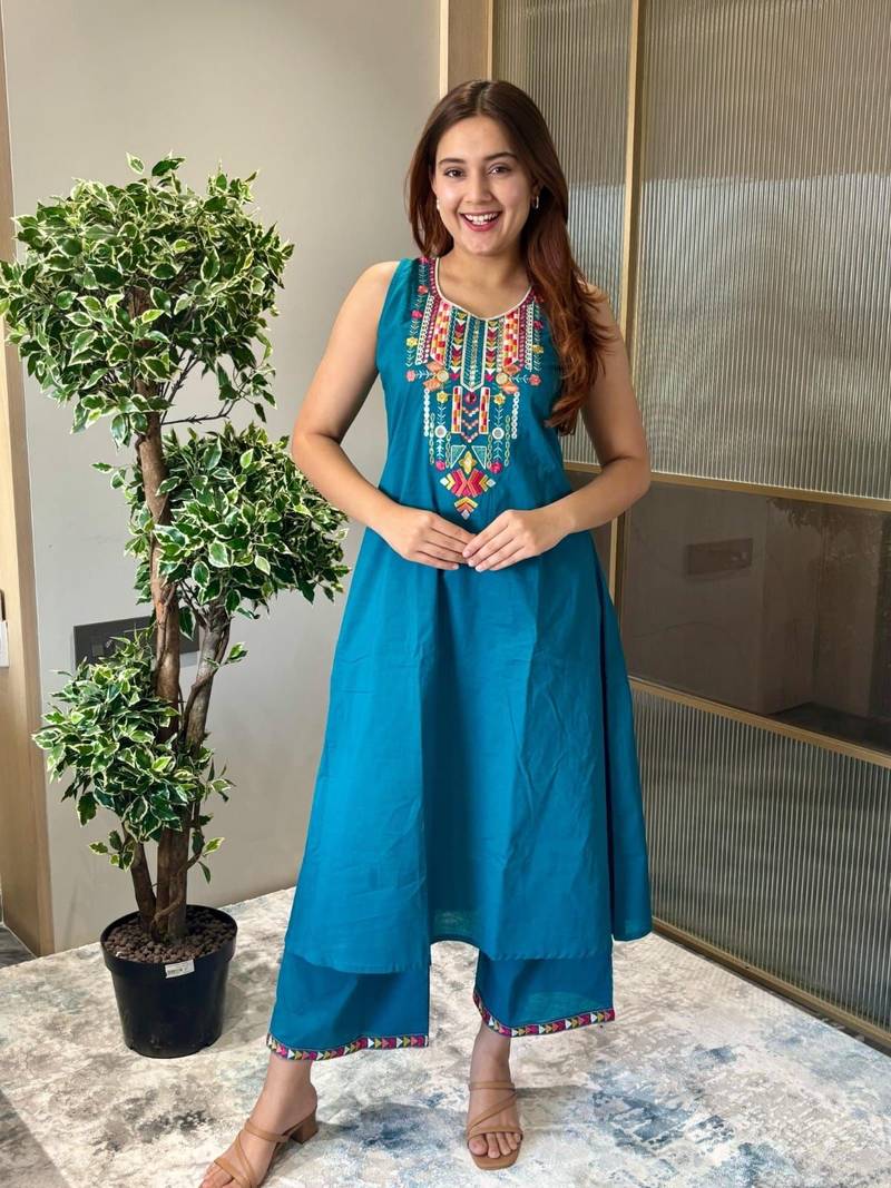 Floral embroidered blue round neck pure cotton kurta with trouser