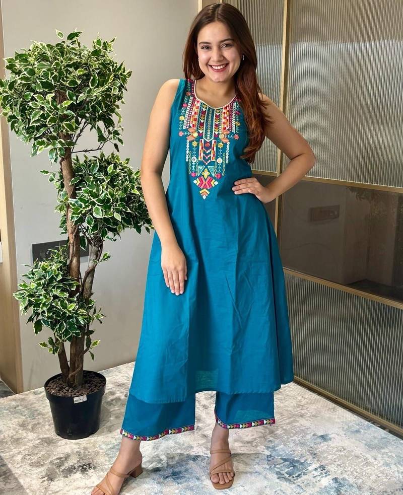 Floral embroidered blue round neck pure cotton kurta with trouser