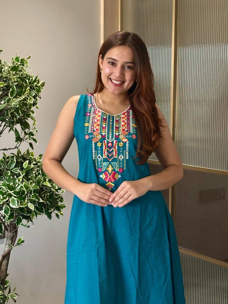 Floral embroidered blue round neck pure cotton kurta with trouser