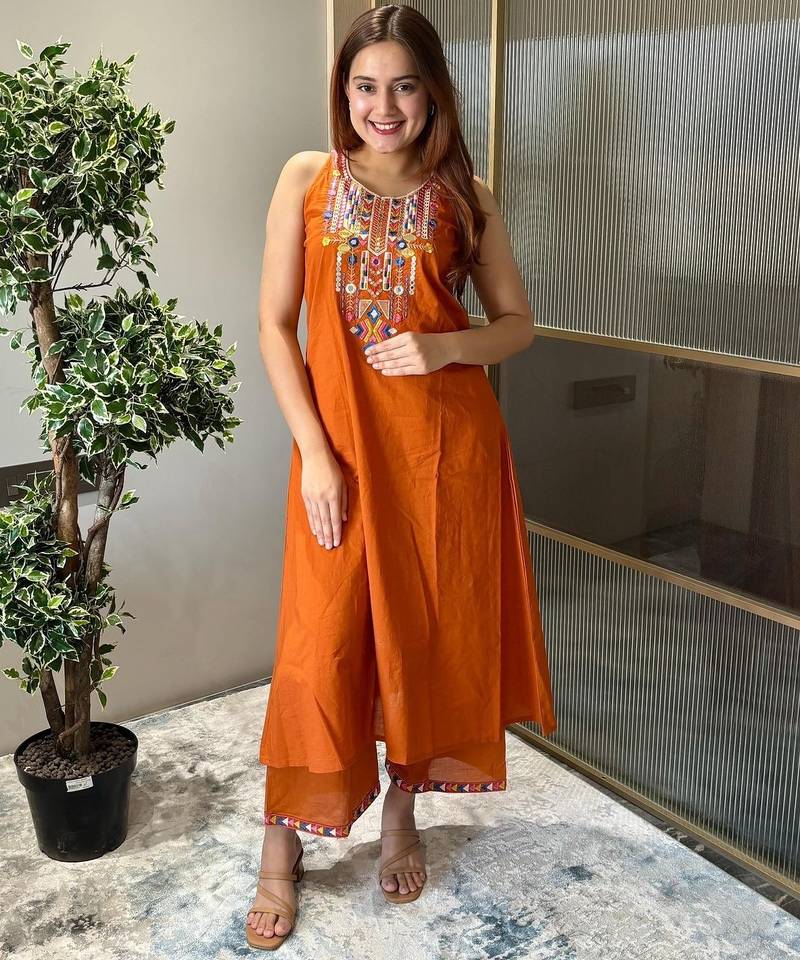 Floral embroidered brown round neck pure cotton kurta with trouser