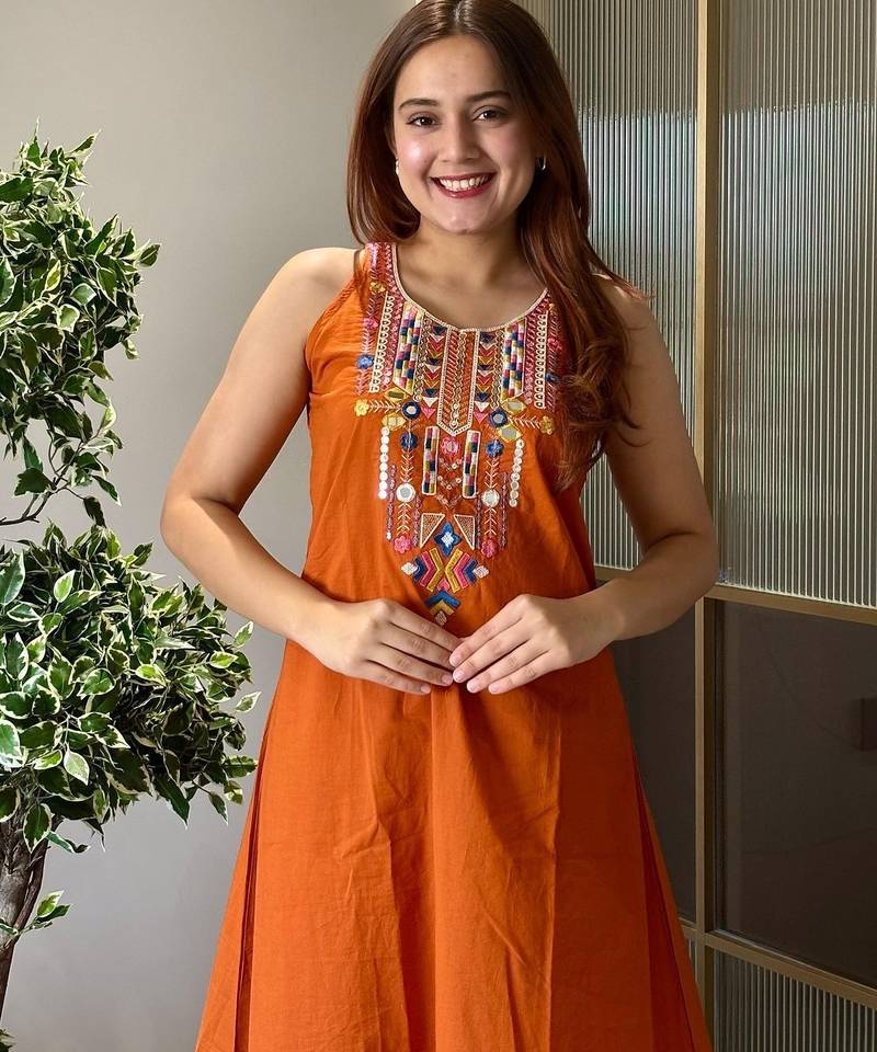 Floral embroidered brown round neck pure cotton kurta with trouser