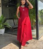 Floral embroidered red round neck pure cotton kurta with trouser