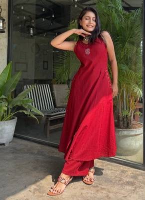 Floral embroidered red round neck pure cotton kurta with trouser 3