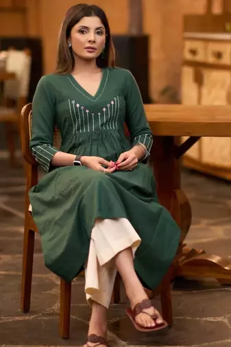 Floral embroidered green v-neck  cotton kurta with trouser
