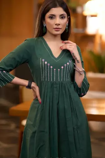 Floral embroidered green v-neck  cotton kurta with trouser