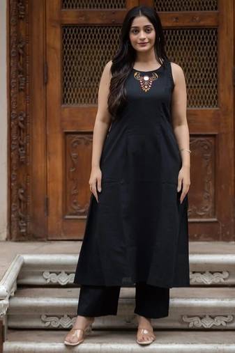 Floral embroidered black round neck pure cotton kurta with trouser