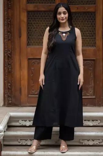 Floral embroidered black round neck pure cotton kurta with trouser