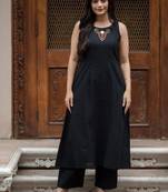 Floral embroidered black round neck pure cotton kurta with trouser
