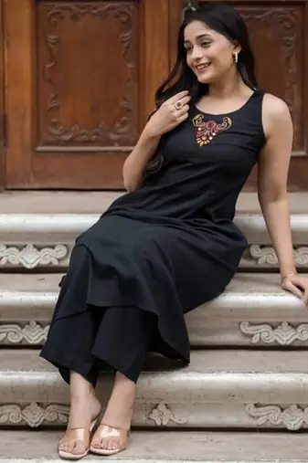 Floral embroidered black round neck  cotton kurta with trouser