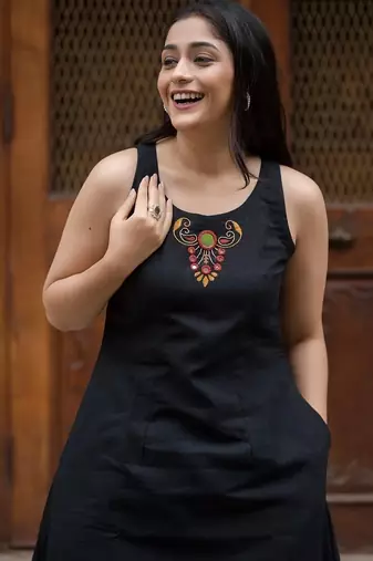 Floral embroidered black round neck  cotton kurta with trouser