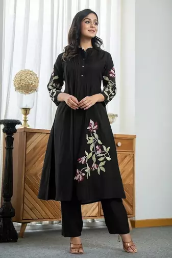 Floral embroidered black v-neck pure cotton kurta with trouser