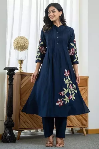Floral embroidered blue v-neck pure cotton kurta with trouser