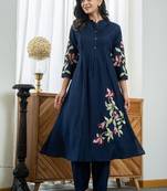 Floral embroidered blue v-neck pure cotton kurta with trouser