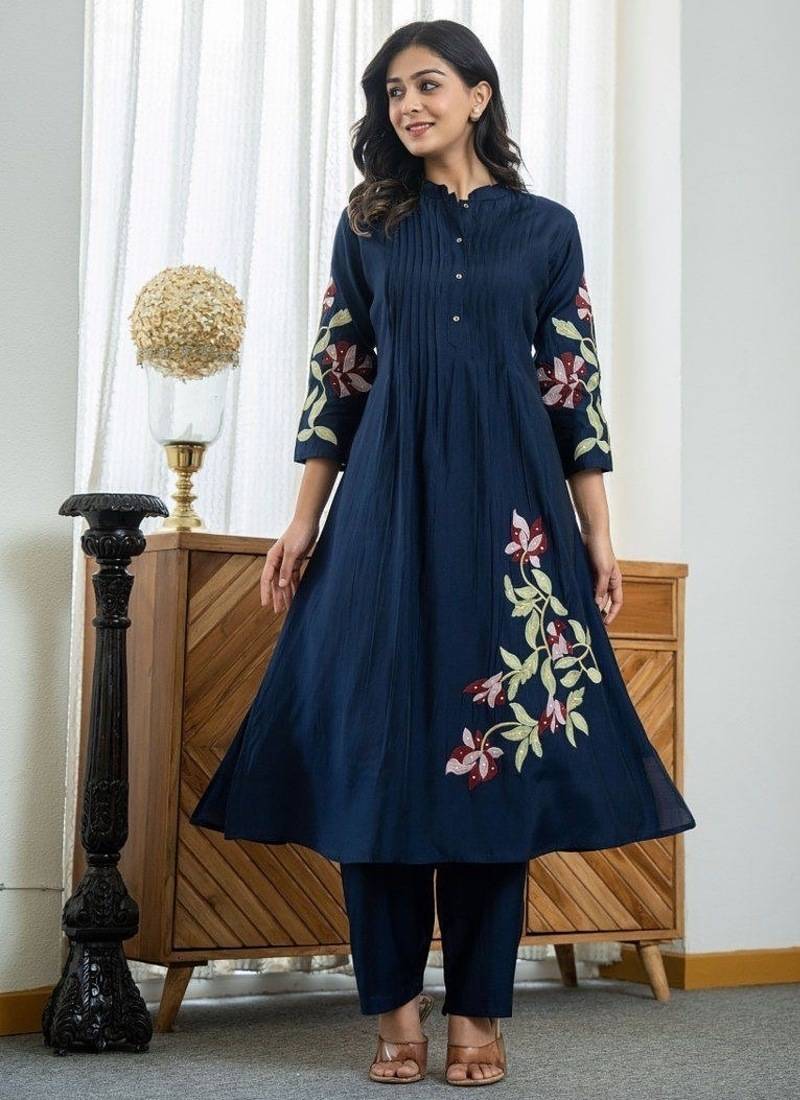 Floral embroidered blue v-neck pure cotton kurta with trouser
