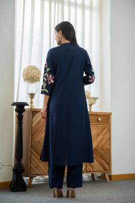 Floral embroidered blue v-neck  cotton kurta with trouser 2