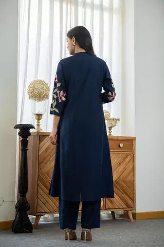 Floral embroidered blue v-neck  cotton kurta with trouser