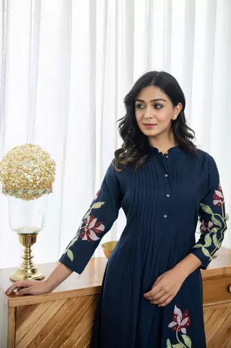 Floral embroidered blue v-neck  cotton kurta with trouser