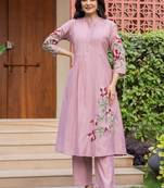 Floral embroidered pink v-neck pure cotton kurta with trouser